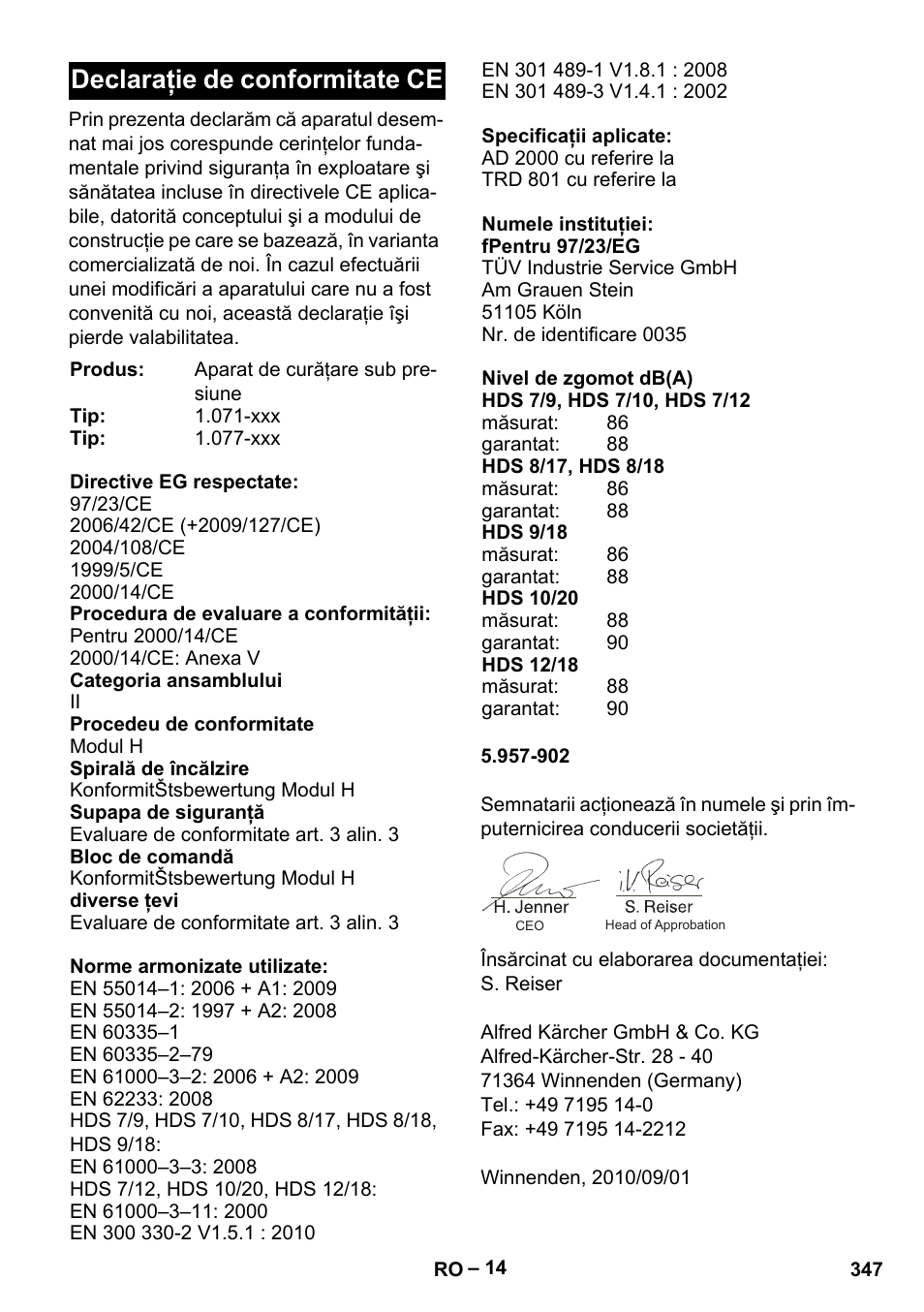 Declaraţie de conformitate ce | Karcher HDS 9-18-4M User Manual | Page 347 / 500