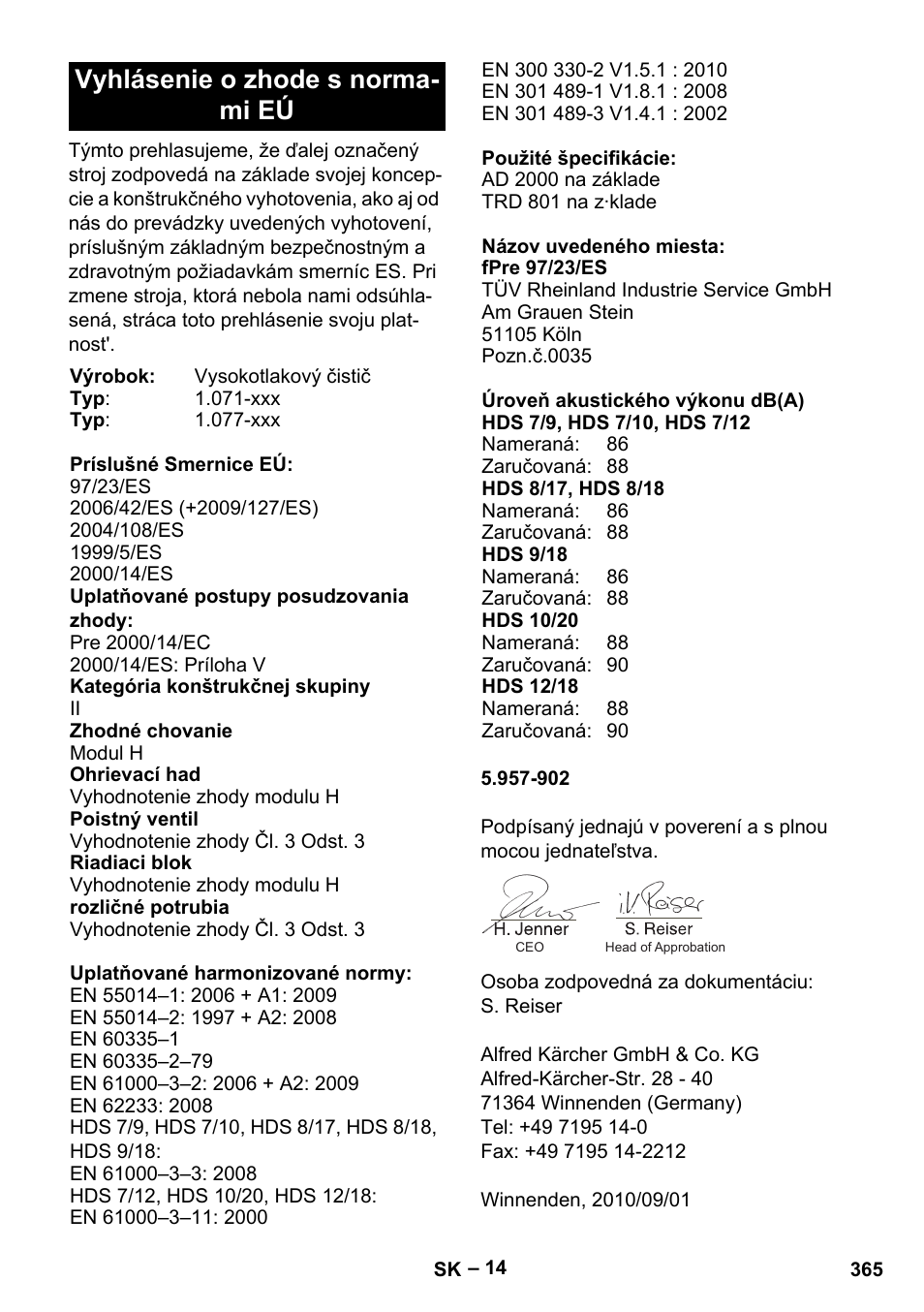 Vyhlásenie o zhode s norma- mi eú | Karcher HDS 9-18-4M User Manual | Page 365 / 500