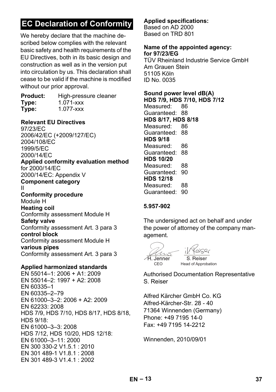 Ec declaration of conformity | Karcher HDS 9-18-4M User Manual | Page 37 / 500