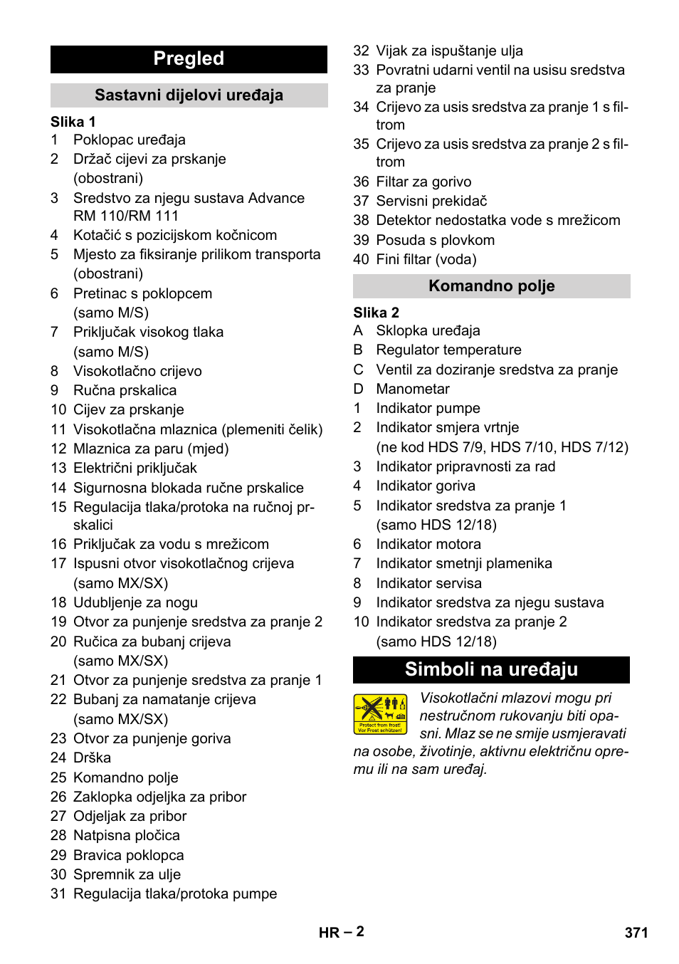 Pregled, Simboli na uređaju | Karcher HDS 9-18-4M User Manual | Page 371 / 500