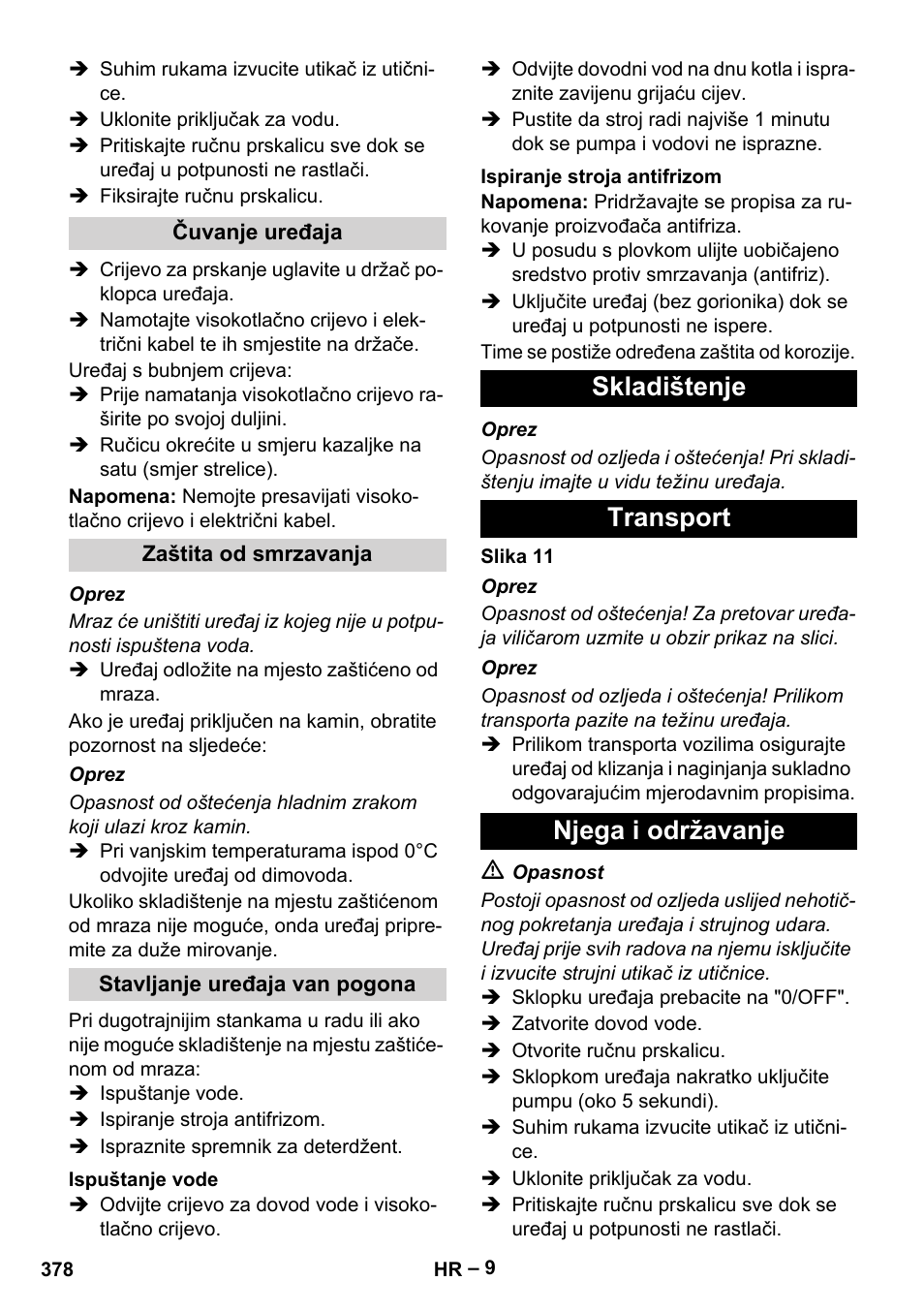 Skladištenje transport njega i održavanje | Karcher HDS 9-18-4M User Manual | Page 378 / 500