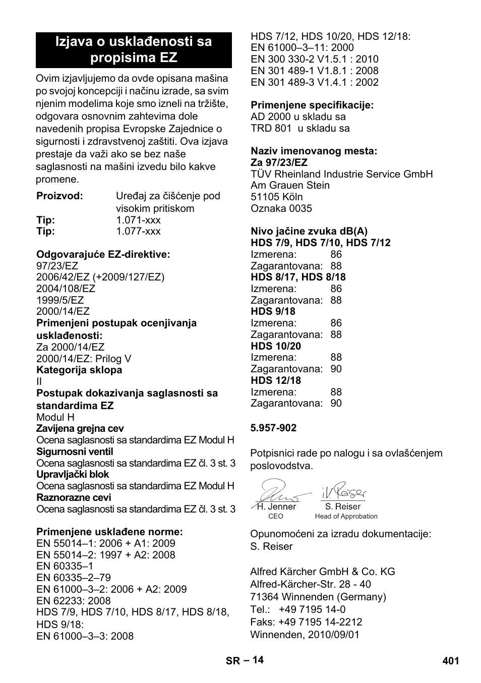 Izjava o usklađenosti sa propisima ez | Karcher HDS 9-18-4M User Manual | Page 401 / 500