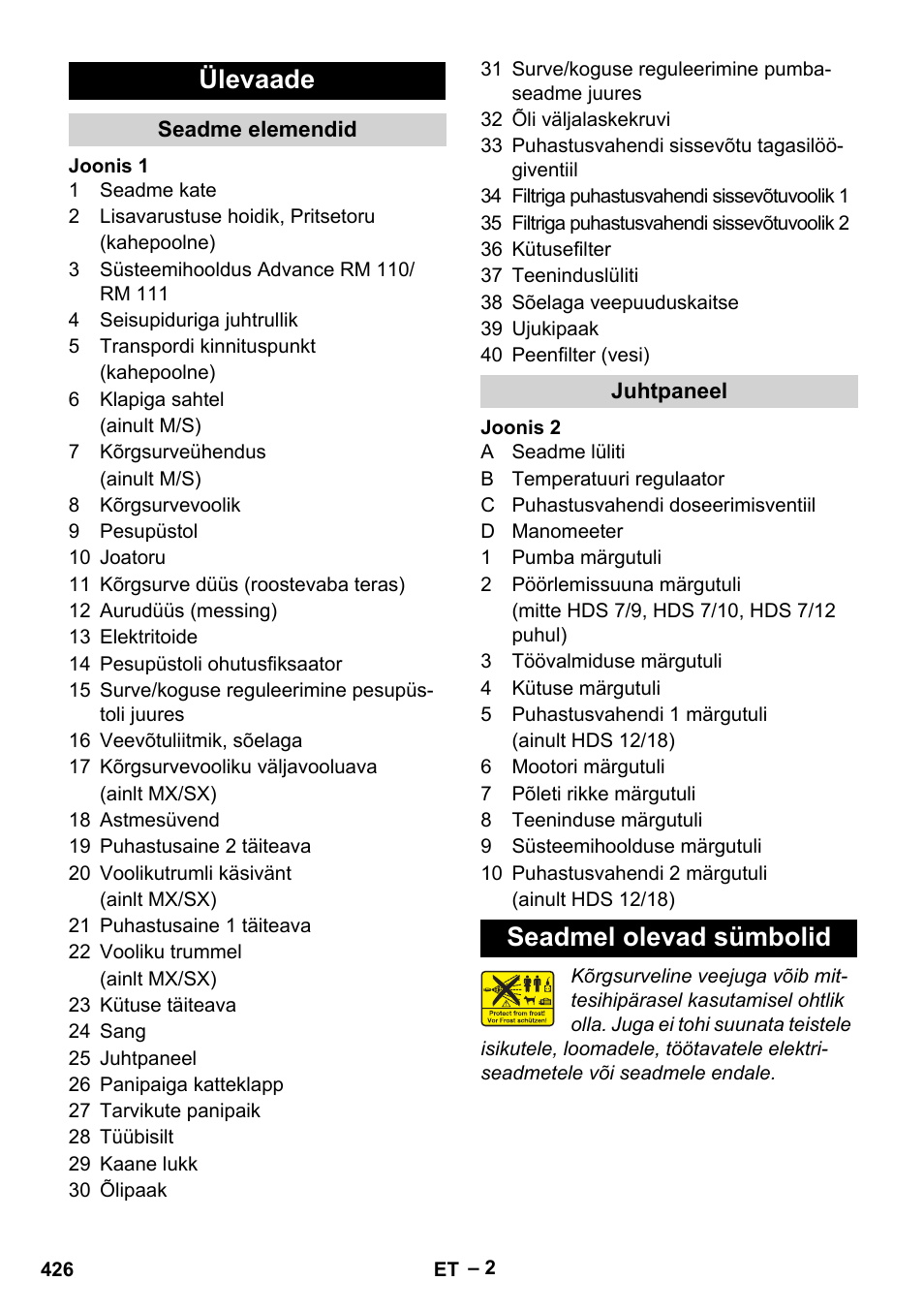 Ülevaade, Seadmel olevad sümbolid | Karcher HDS 9-18-4M User Manual | Page 426 / 500