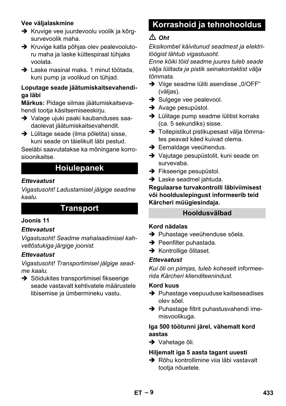 Hoiulepanek transport korrashoid ja tehnohooldus | Karcher HDS 9-18-4M User Manual | Page 433 / 500