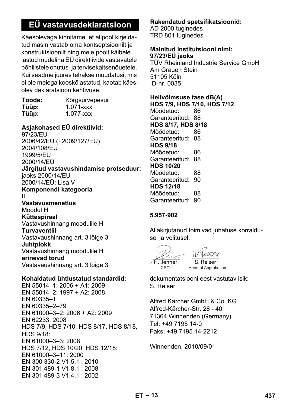 Eü vastavusdeklaratsioon | Karcher HDS 9-18-4M User Manual | Page 437 / 500