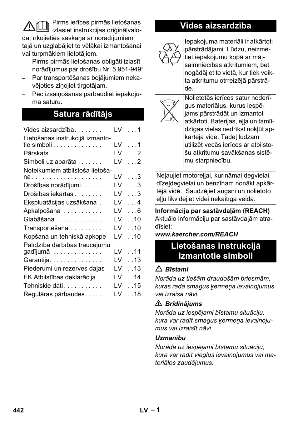 Latviešu, Satura rādītājs, Vides aizsardzība | Lietošanas instrukcijā izmantotie simboli | Karcher HDS 9-18-4M User Manual | Page 442 / 500