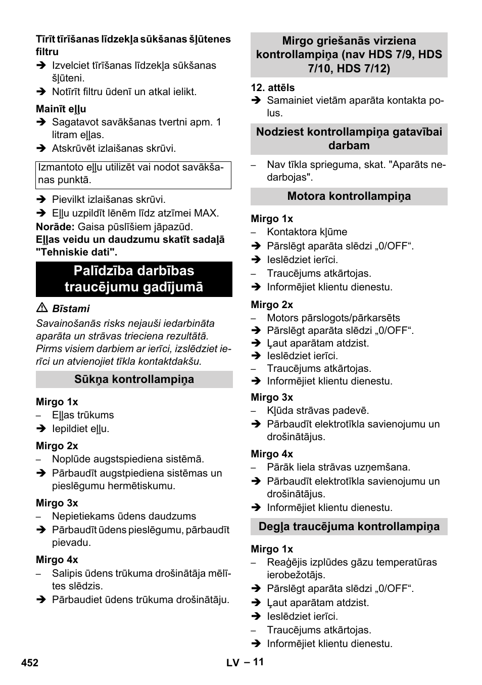 Palīdzība darbības traucējumu gadījumā | Karcher HDS 9-18-4M User Manual | Page 452 / 500