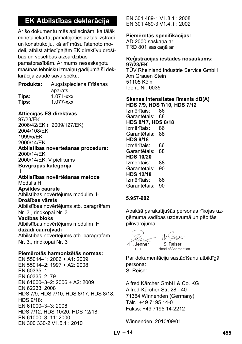 Ek atbilstības deklarācija | Karcher HDS 9-18-4M User Manual | Page 455 / 500