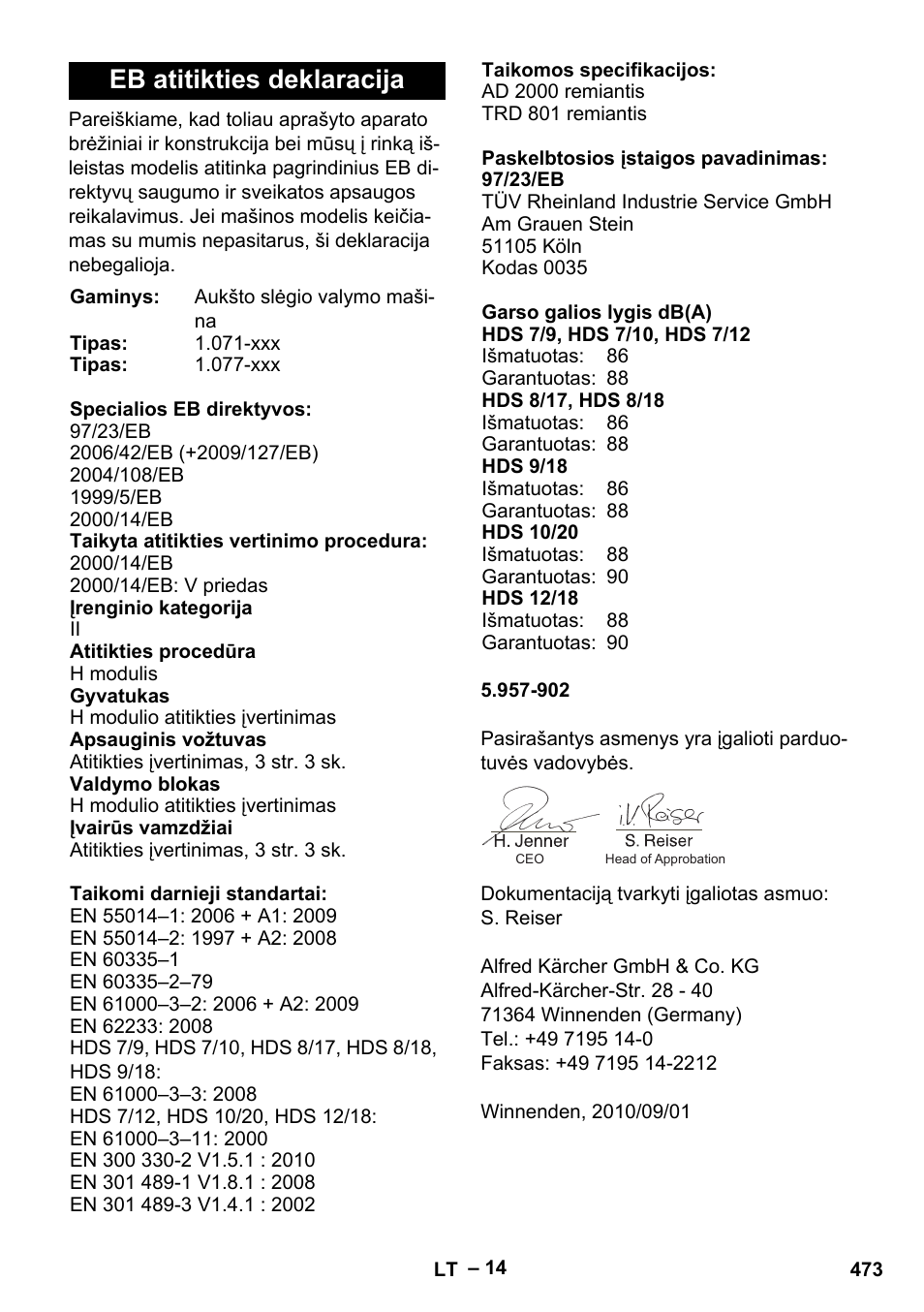 Eb atitikties deklaracija | Karcher HDS 9-18-4M User Manual | Page 473 / 500