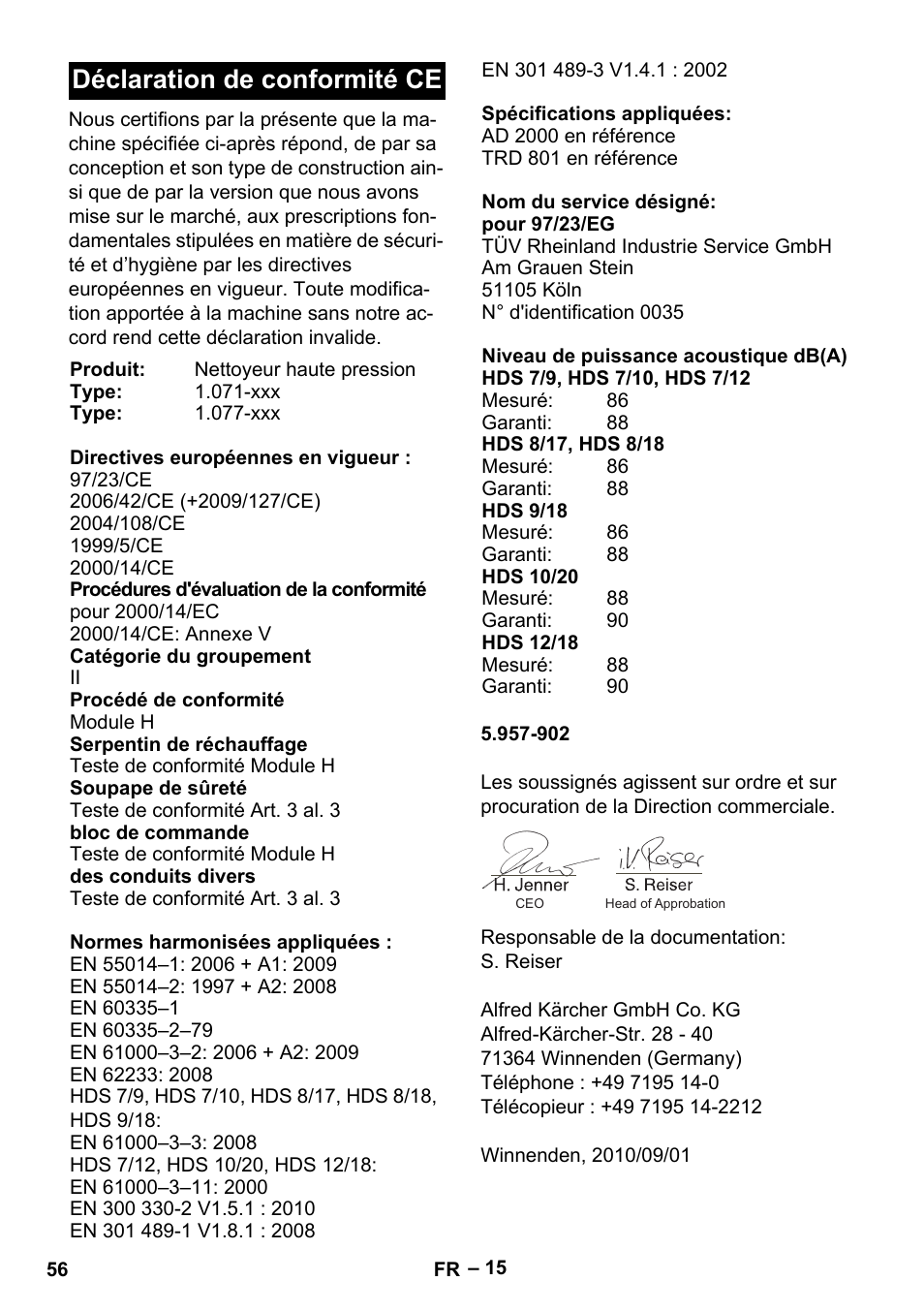 Déclaration de conformité ce | Karcher HDS 9-18-4M User Manual | Page 56 / 500