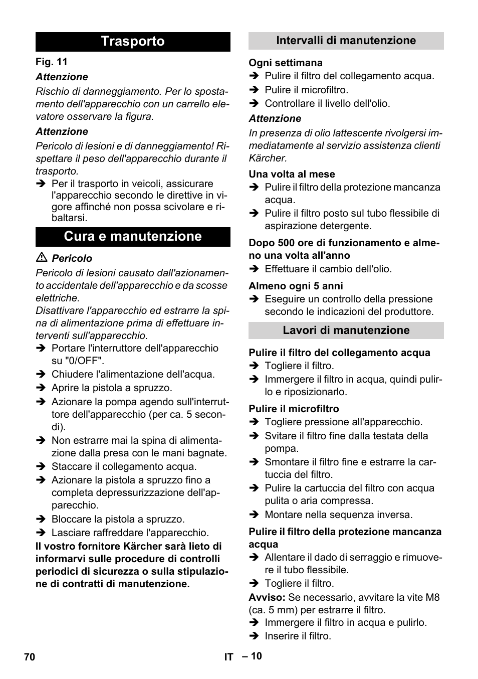 Trasporto cura e manutenzione | Karcher HDS 9-18-4M User Manual | Page 70 / 500