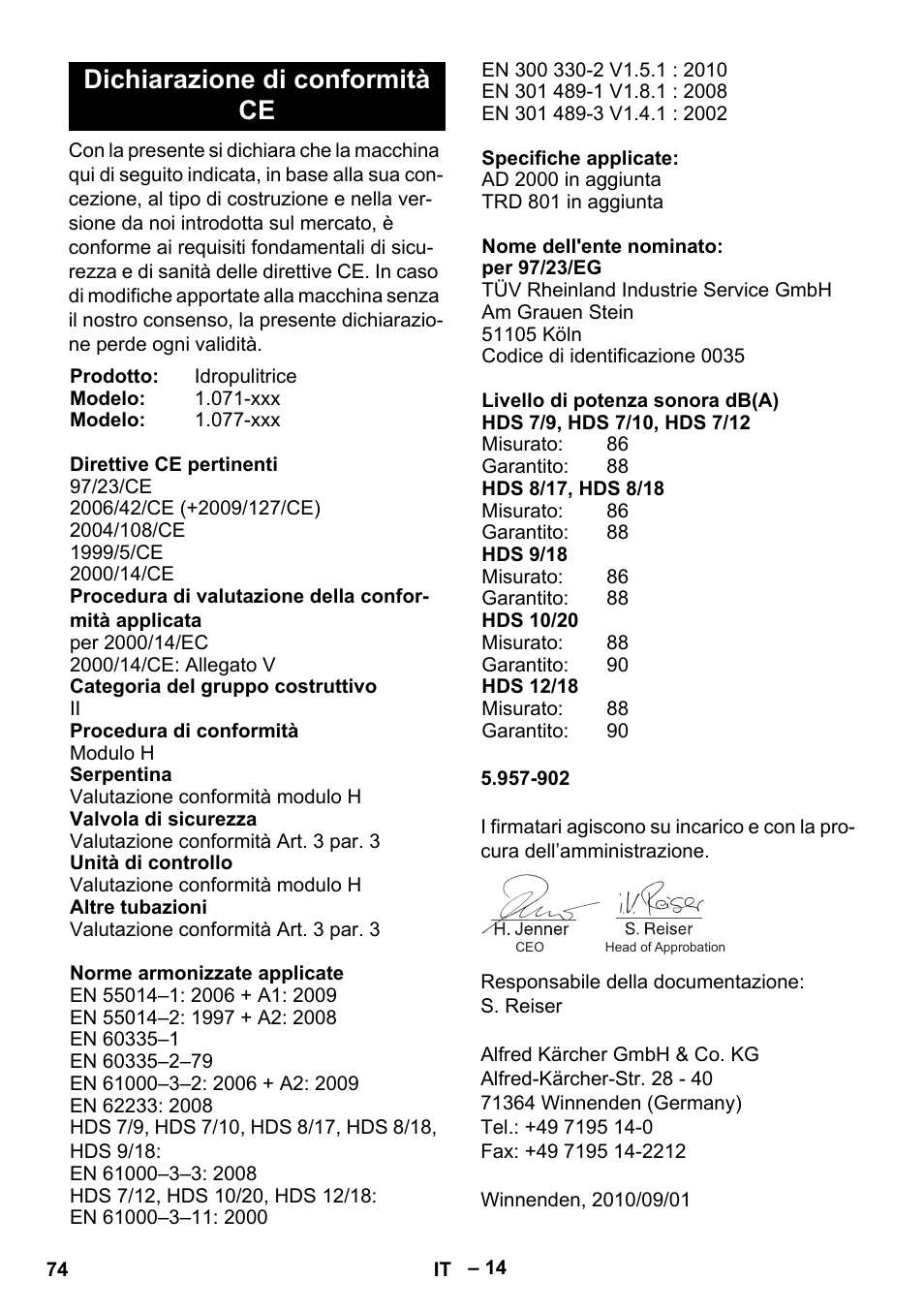 Dichiarazione di conformità ce | Karcher HDS 9-18-4M User Manual | Page 74 / 500