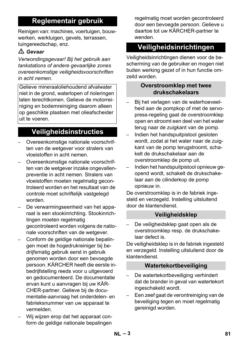 Reglementair gebruik, Veiligheidsinstructies veiligheidsinrichtingen | Karcher HDS 9-18-4M User Manual | Page 81 / 500