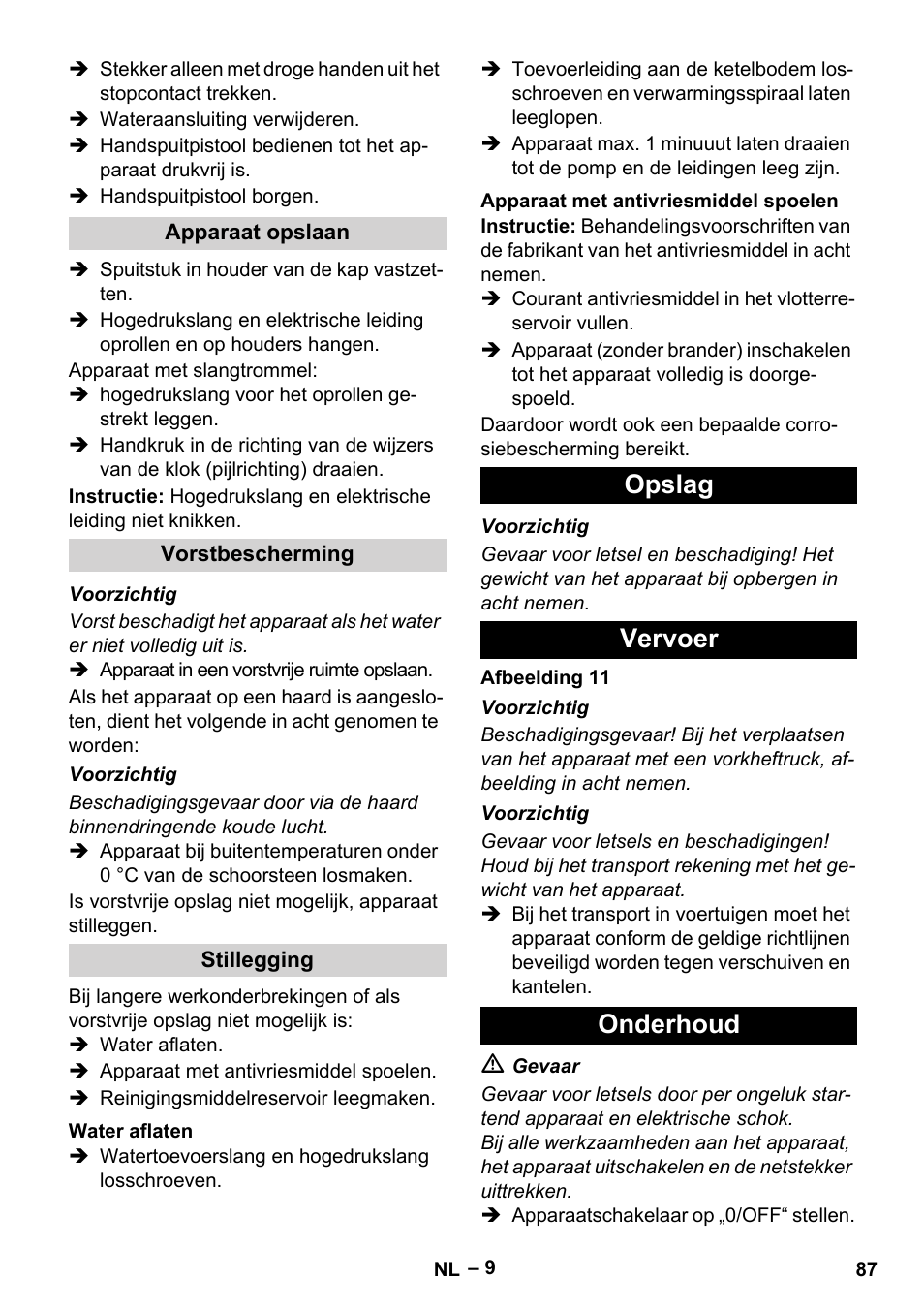 Opslag vervoer onderhoud | Karcher HDS 9-18-4M User Manual | Page 87 / 500