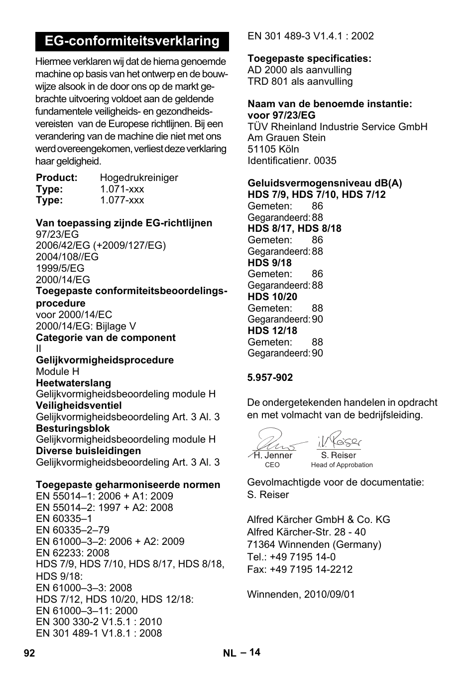 Eg-conformiteitsverklaring | Karcher HDS 9-18-4M User Manual | Page 92 / 500