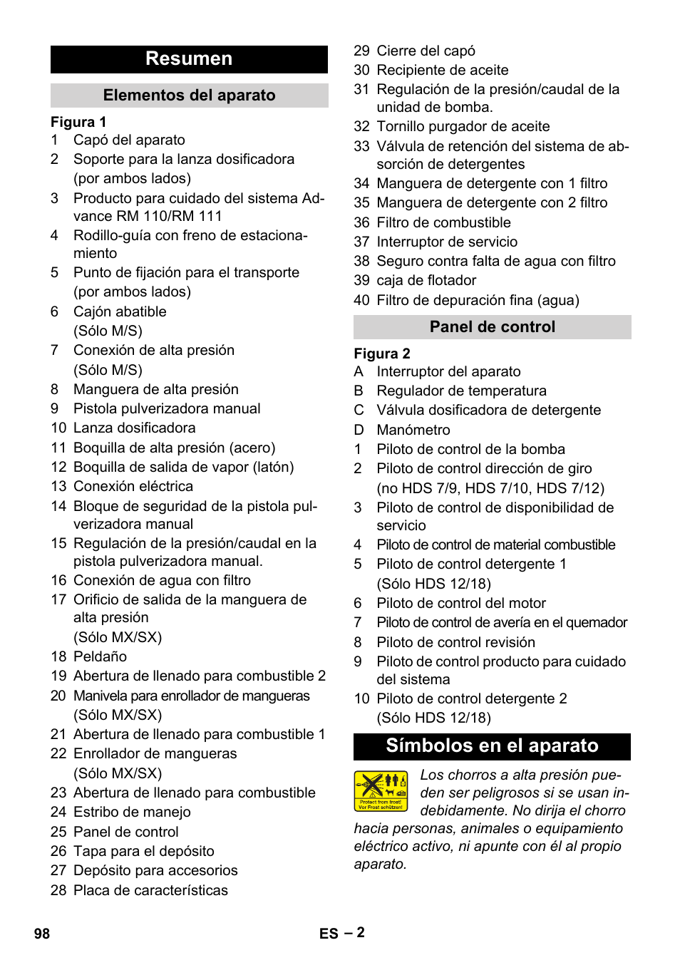 Resumen, Símbolos en el aparato | Karcher HDS 9-18-4M User Manual | Page 98 / 500