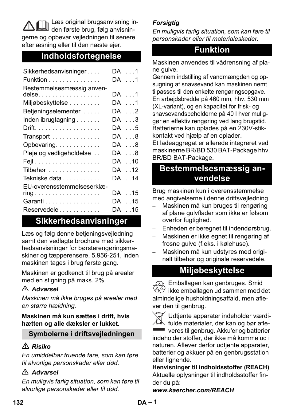 Dansk, Indholdsfortegnelse, Sikkerhedsanvisninger | Karcher BD 530 Bp User Manual | Page 132 / 384