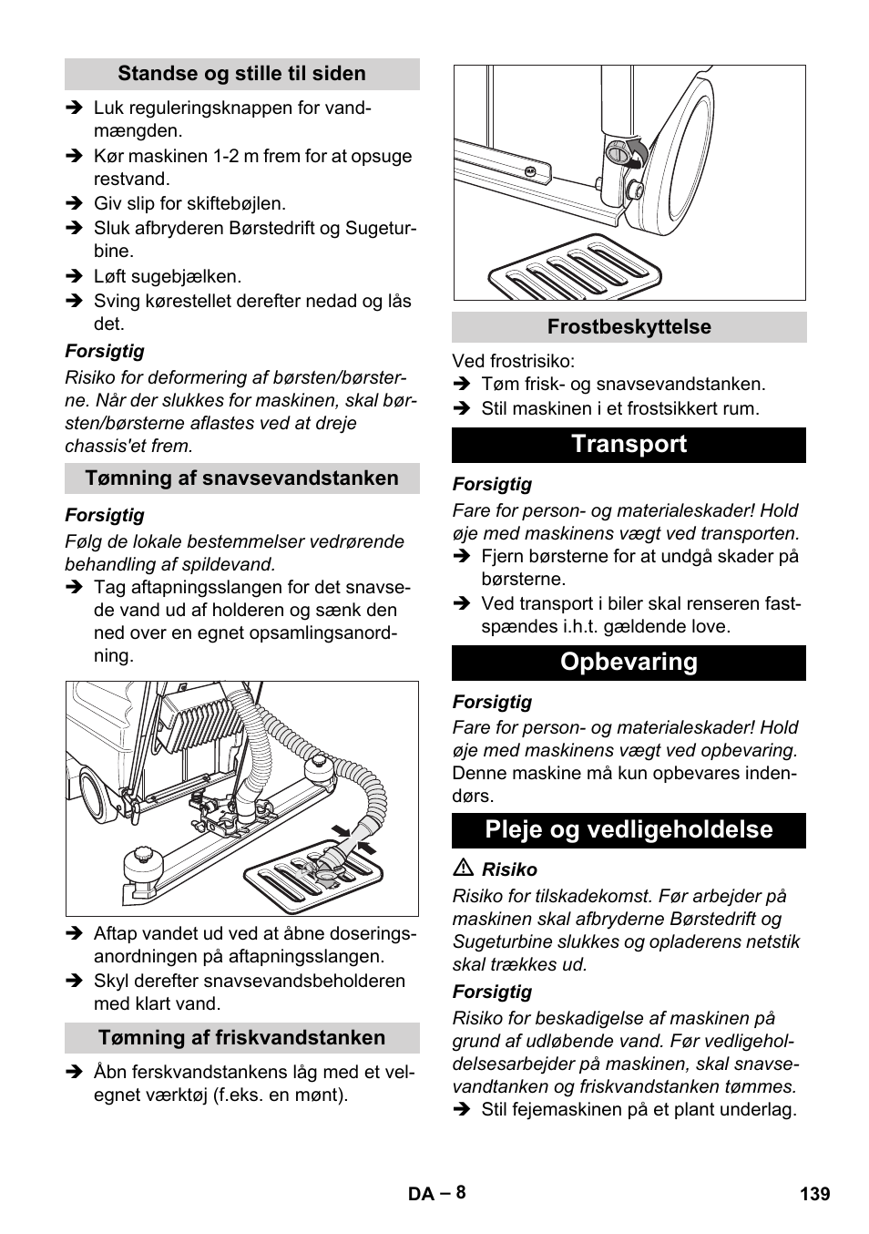 Transport opbevaring pleje og vedligeholdelse | Karcher BD 530 Bp User Manual | Page 139 / 384