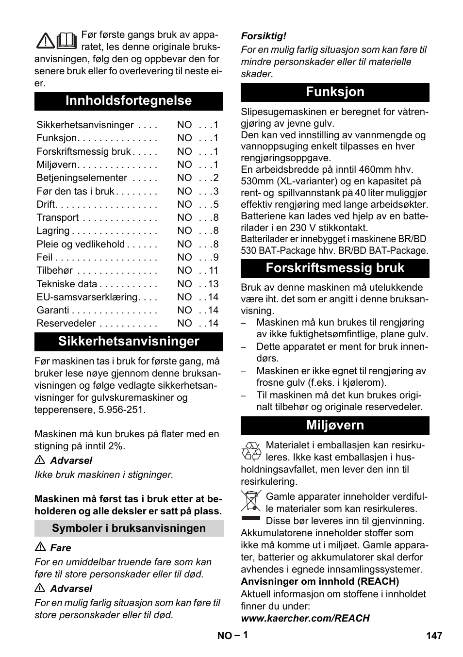 Norsk, Innholdsfortegnelse, Sikkerhetsanvisninger | Funksjon forskriftsmessig bruk miljøvern | Karcher BD 530 Bp User Manual | Page 147 / 384