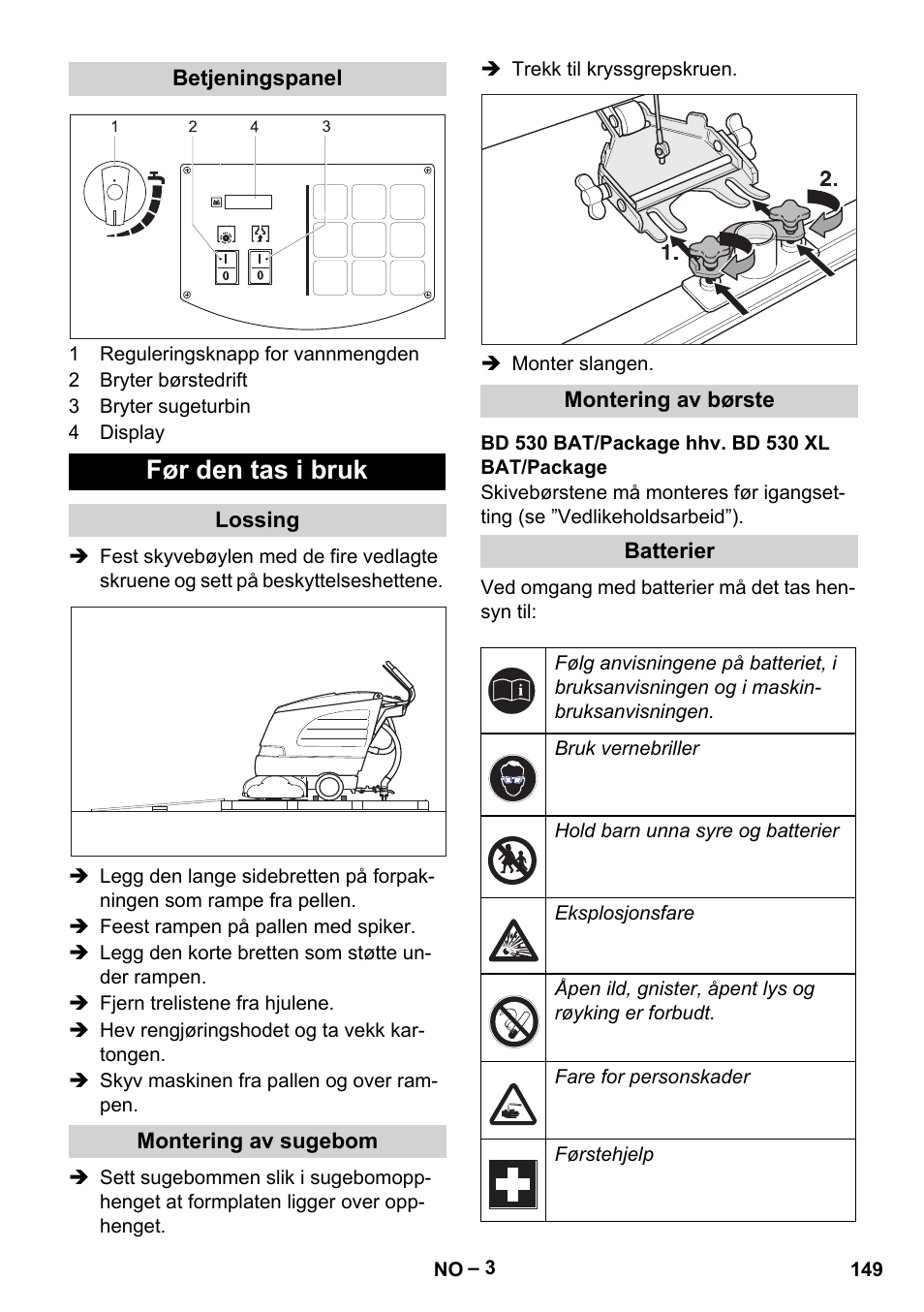 Før den tas i bruk | Karcher BD 530 Bp User Manual | Page 149 / 384