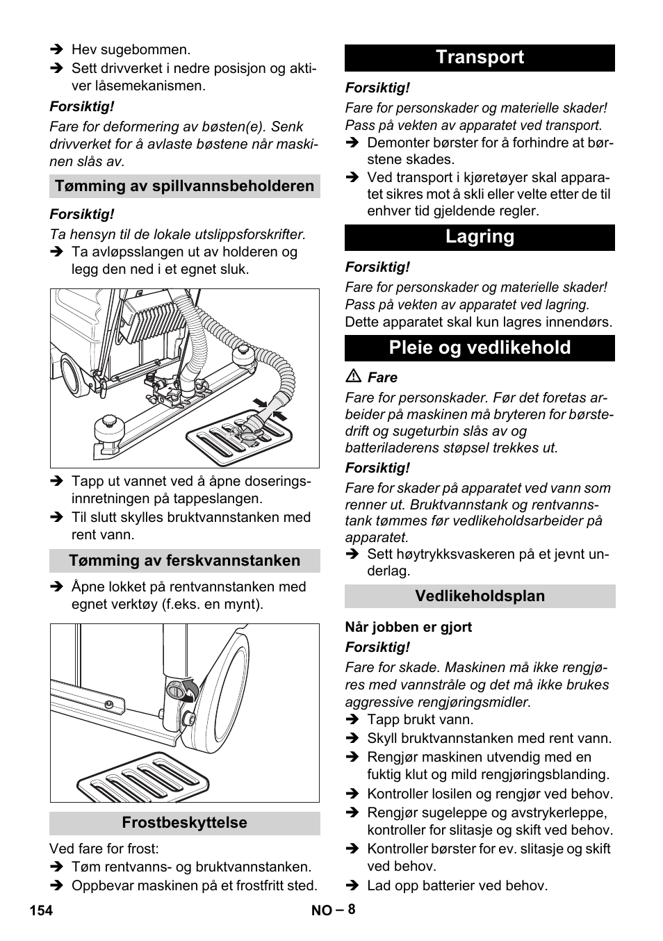 Transport lagring pleie og vedlikehold | Karcher BD 530 Bp User Manual | Page 154 / 384