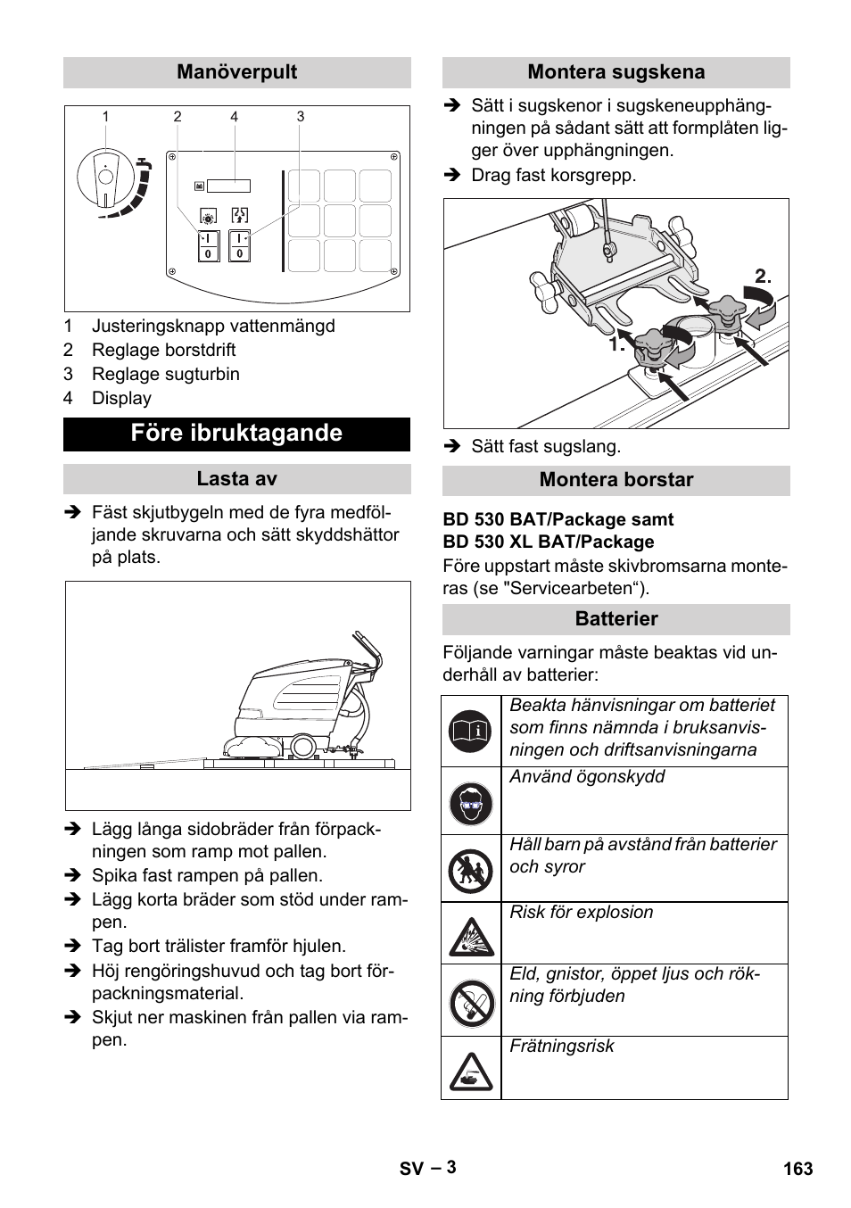 Före ibruktagande | Karcher BD 530 Bp User Manual | Page 163 / 384