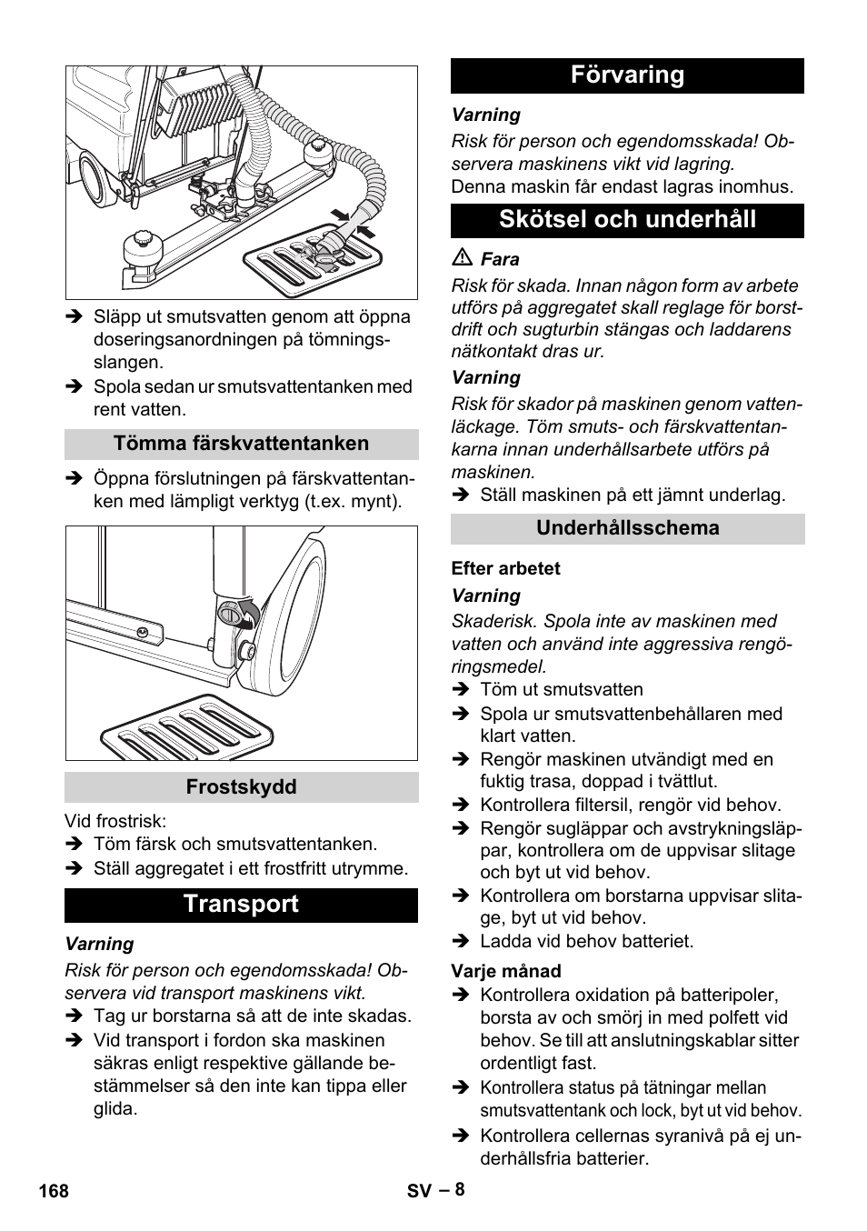 Transport förvaring skötsel och underhåll | Karcher BD 530 Bp User Manual | Page 168 / 384