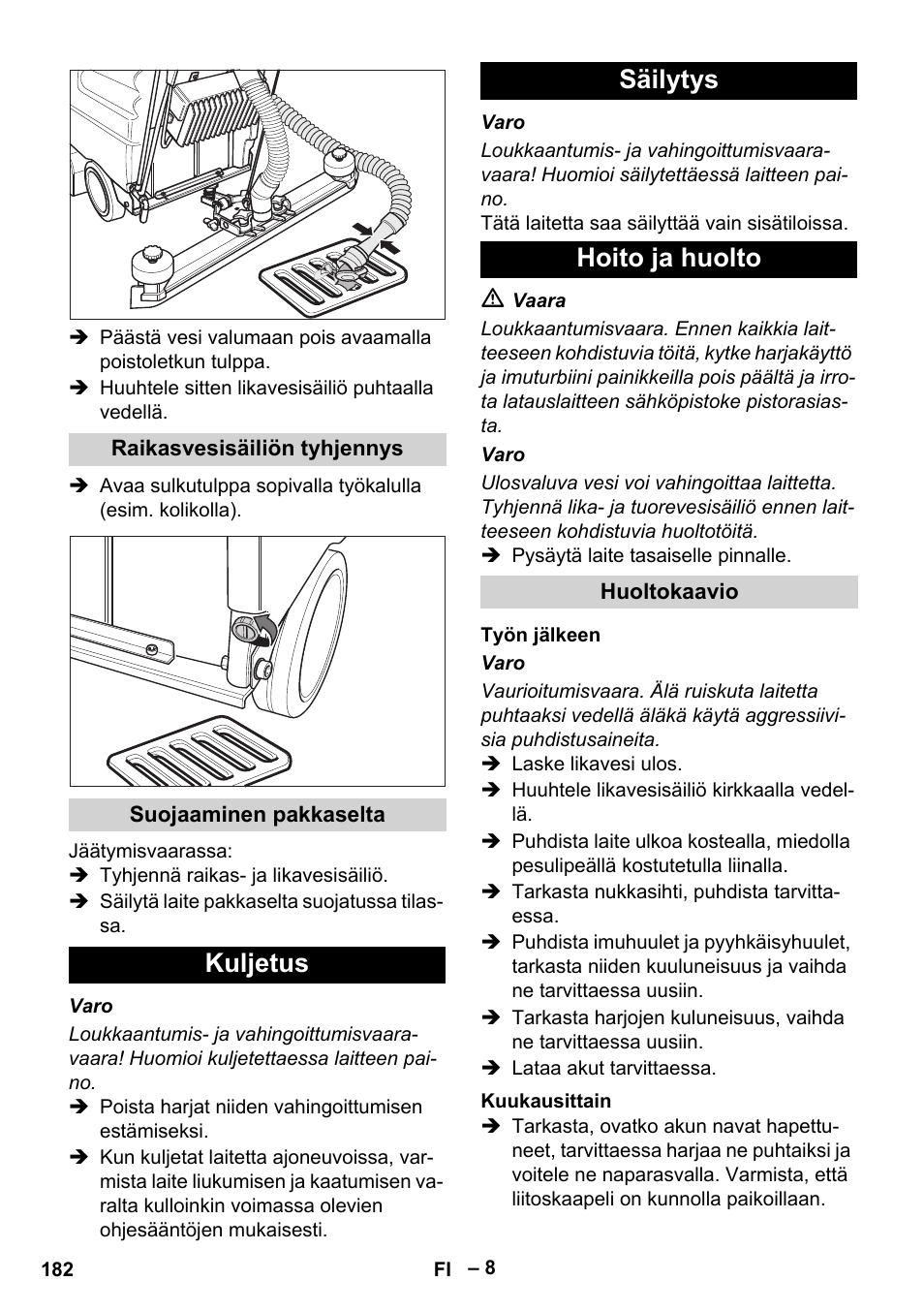 Kuljetus säilytys hoito ja huolto | Karcher BD 530 Bp User Manual | Page 182 / 384