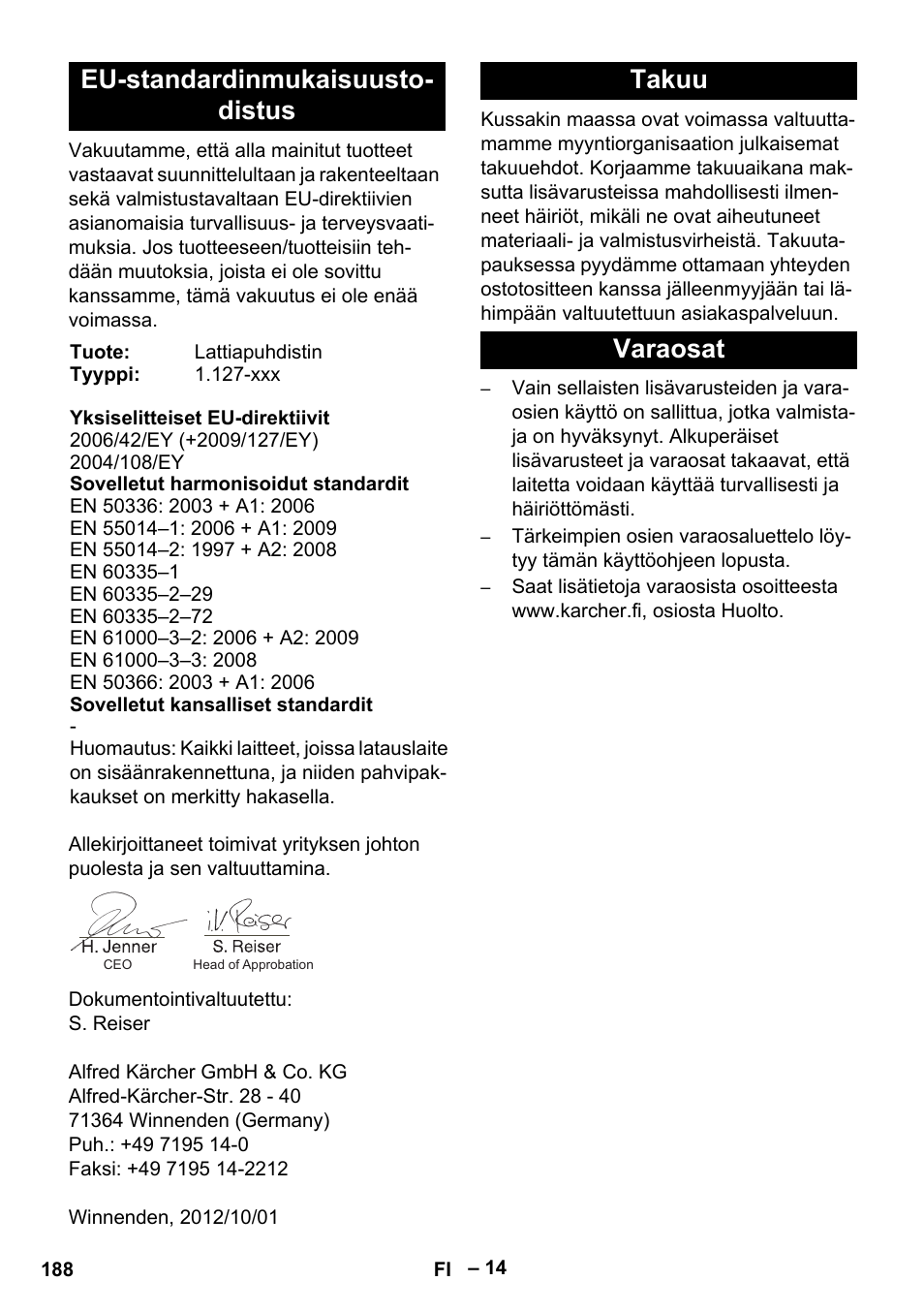 Eu-standardinmukaisuusto- distus, Takuu varaosat | Karcher BD 530 Bp User Manual | Page 188 / 384