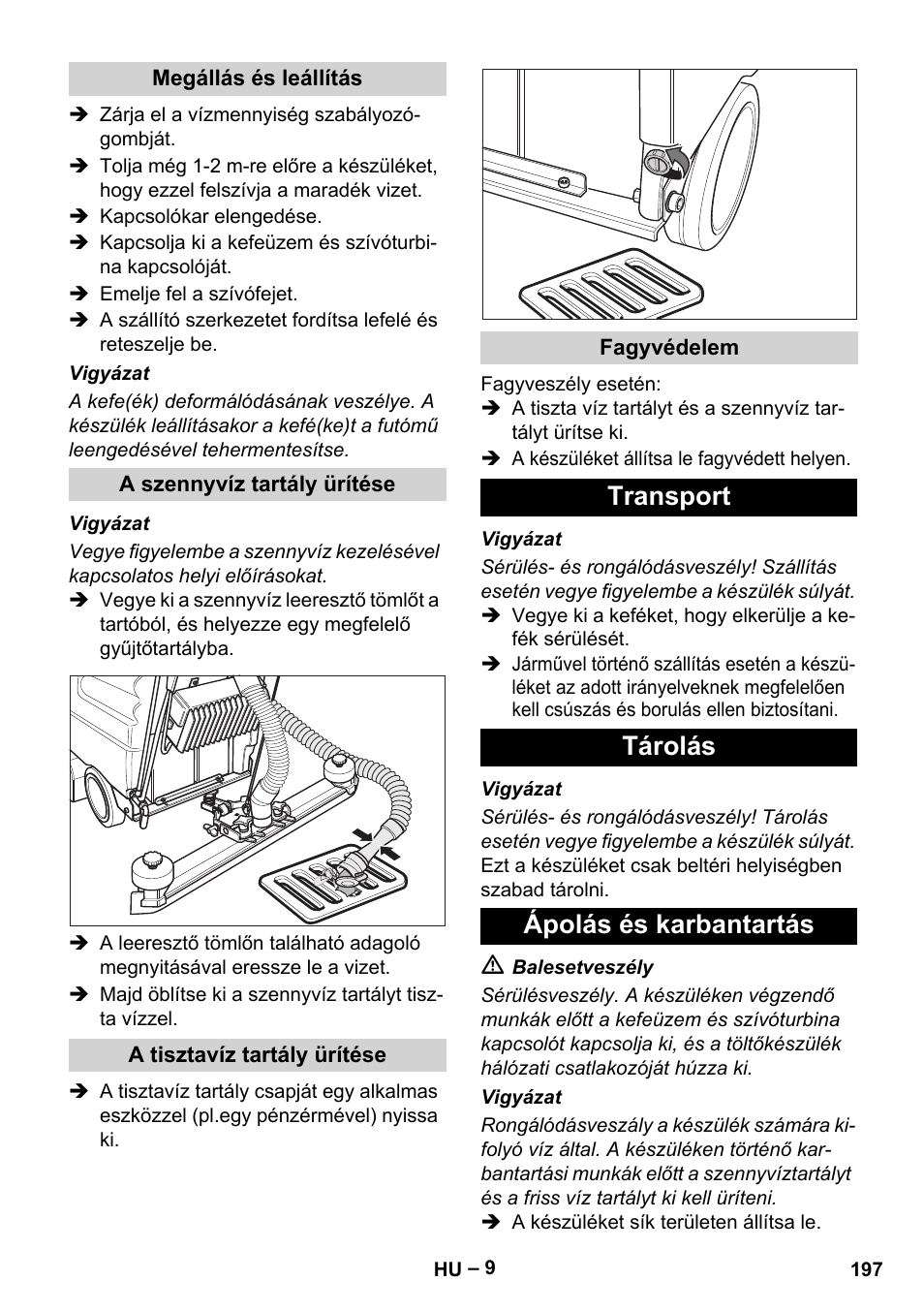 Transport tárolás ápolás és karbantartás | Karcher BD 530 Bp User Manual | Page 197 / 384