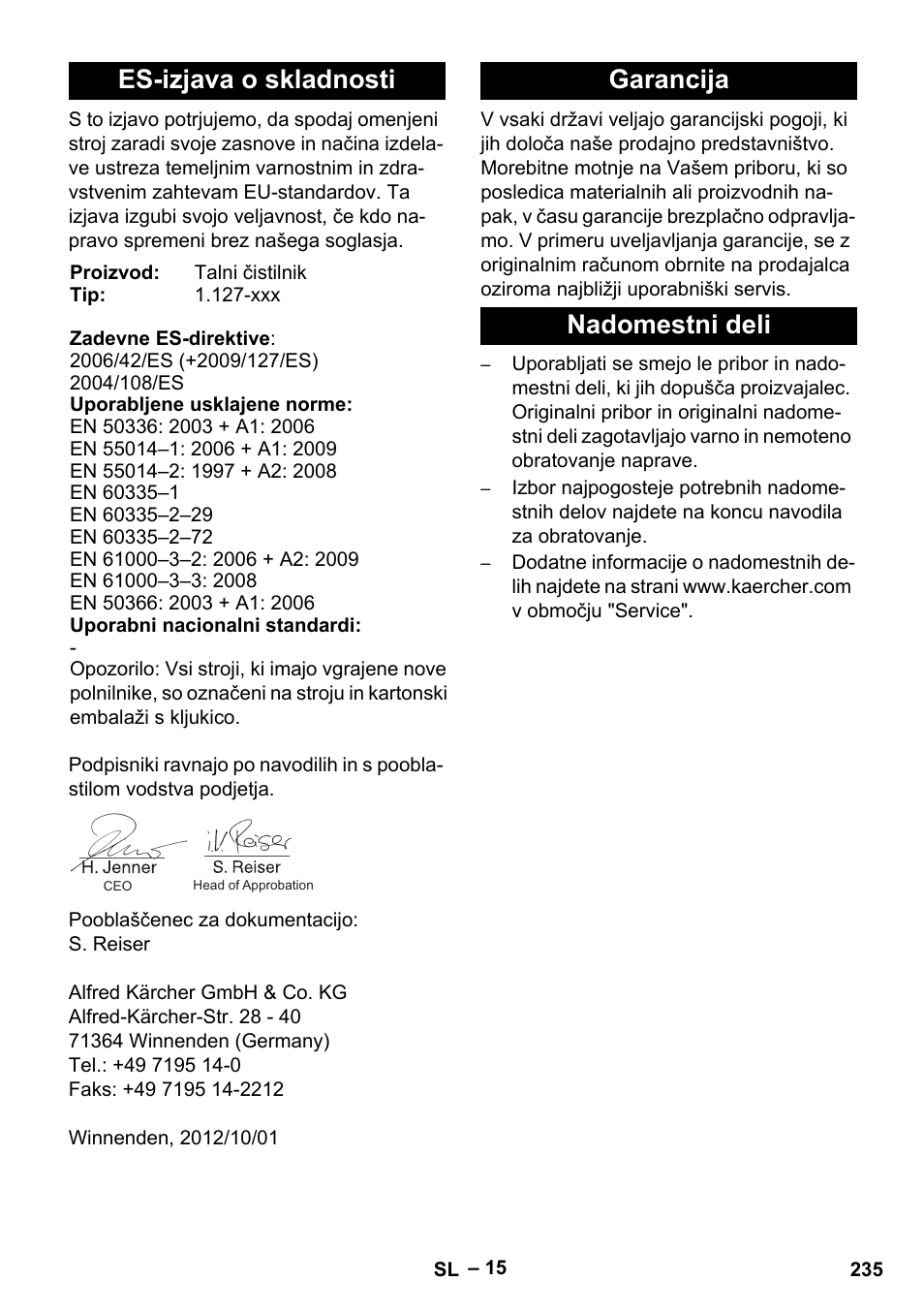 Es-izjava o skladnosti, Garancija nadomestni deli | Karcher BD 530 Bp User Manual | Page 235 / 384