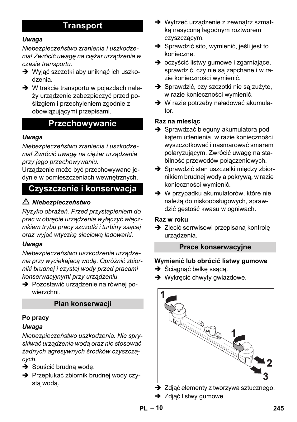 Transport przechowywanie czyszczenie i konserwacja | Karcher BD 530 Bp User Manual | Page 245 / 384