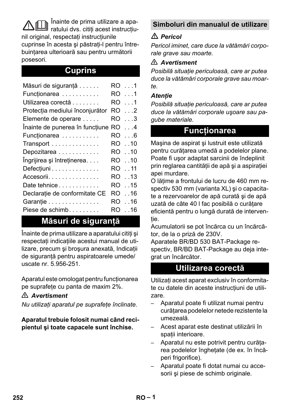 Româneşte, Cuprins, Măsuri de siguranţă | Funcţionarea utilizarea corectă | Karcher BD 530 Bp User Manual | Page 252 / 384