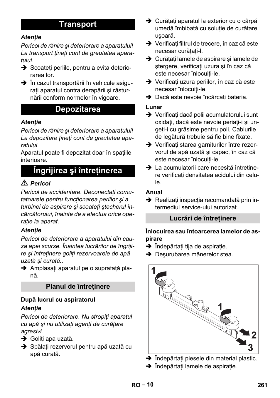 Transport depozitarea îngrijirea şi întreţinerea | Karcher BD 530 Bp User Manual | Page 261 / 384