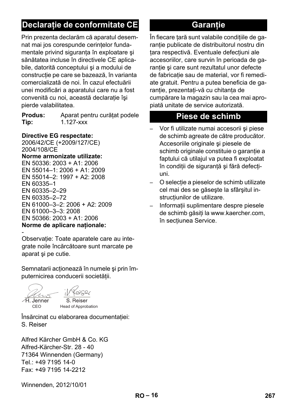 Declaraţie de conformitate ce, Garanţie piese de schimb | Karcher BD 530 Bp User Manual | Page 267 / 384