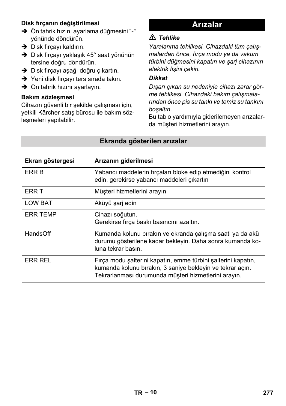 Arızalar | Karcher BD 530 Bp User Manual | Page 277 / 384