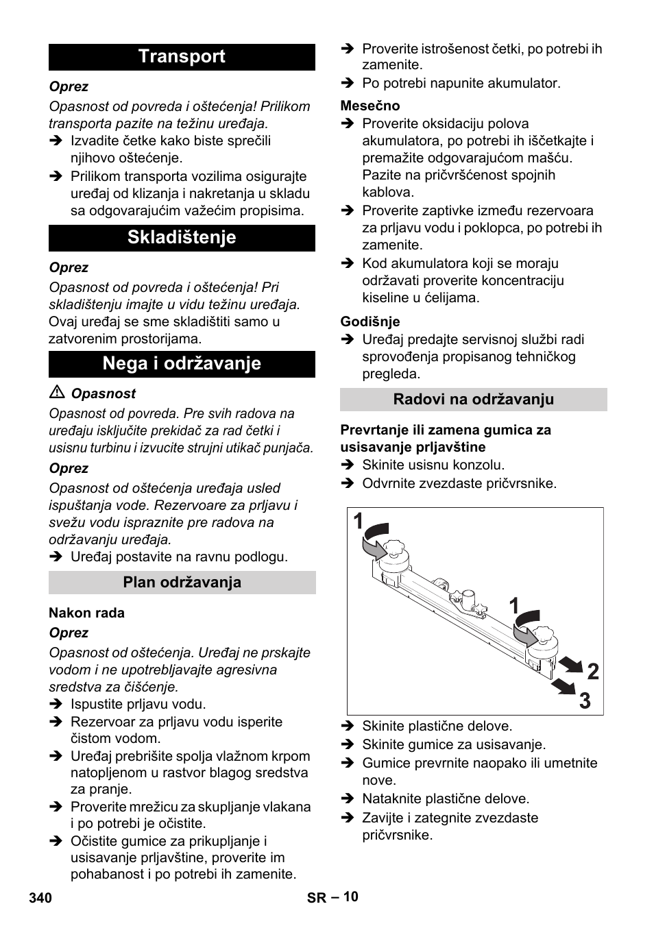 Transport skladištenje nega i održavanje | Karcher BD 530 Bp User Manual | Page 340 / 384