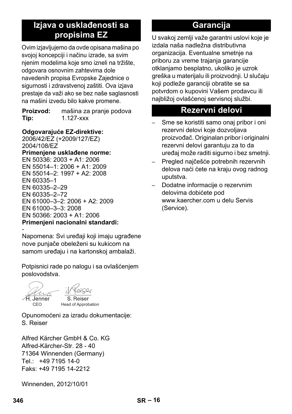 Izjava o usklađenosti sa propisima ez, Garancija rezervni delovi | Karcher BD 530 Bp User Manual | Page 346 / 384