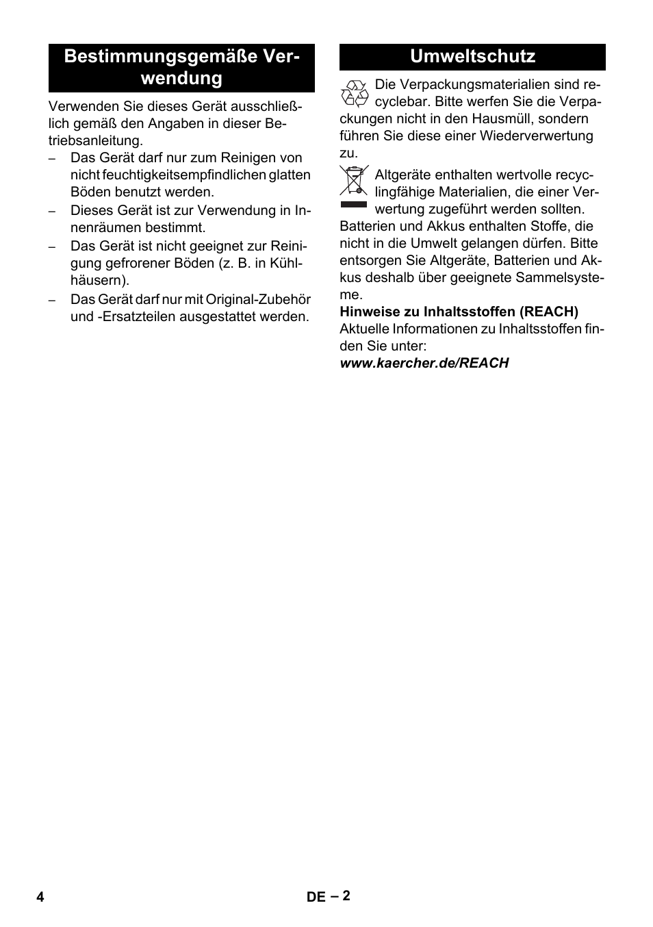 Bestimmungsgemäße ver- wendung umweltschutz | Karcher BD 530 Bp User Manual | Page 4 / 384