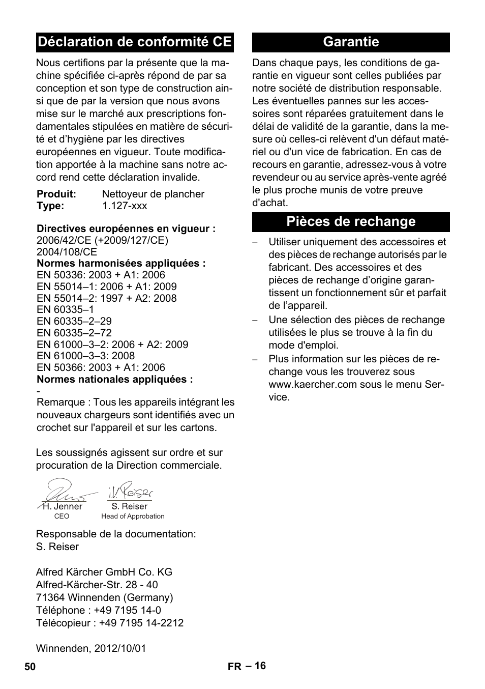 Déclaration de conformité ce, Garantie pièces de rechange | Karcher BD 530 Bp User Manual | Page 50 / 384