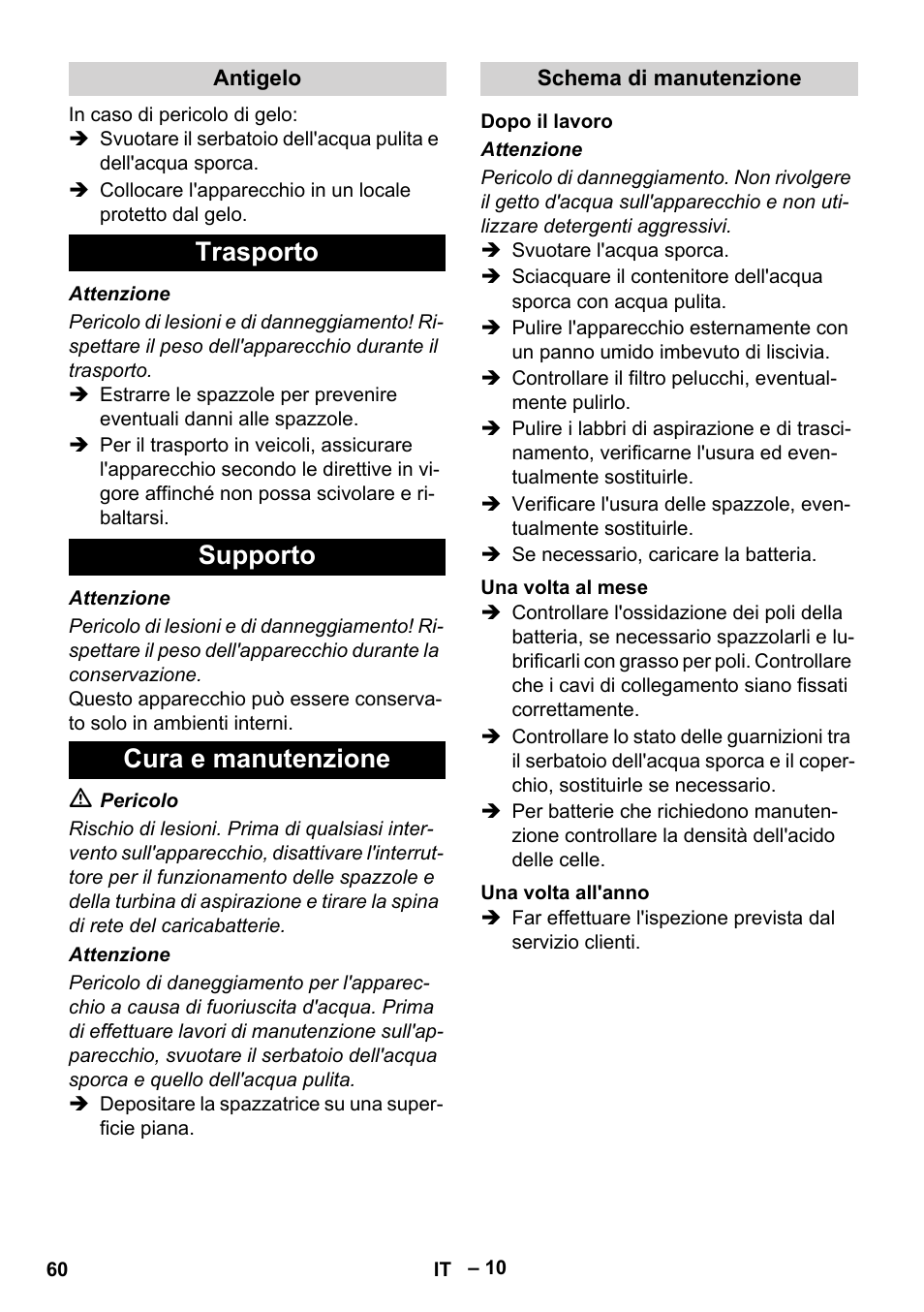 Trasporto supporto cura e manutenzione | Karcher BD 530 Bp User Manual | Page 60 / 384