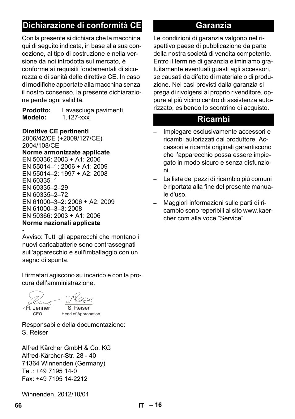 Dichiarazione di conformità ce, Garanzia ricambi | Karcher BD 530 Bp User Manual | Page 66 / 384