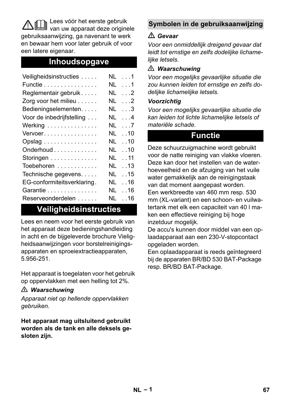 Nederlands, Inhoudsopgave, Veiligheidsinstructies | Functie | Karcher BD 530 Bp User Manual | Page 67 / 384