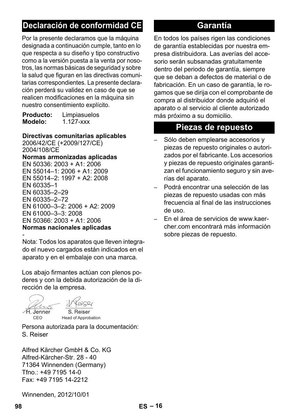 Declaración de conformidad ce, Garantía piezas de repuesto | Karcher BD 530 Bp User Manual | Page 98 / 384