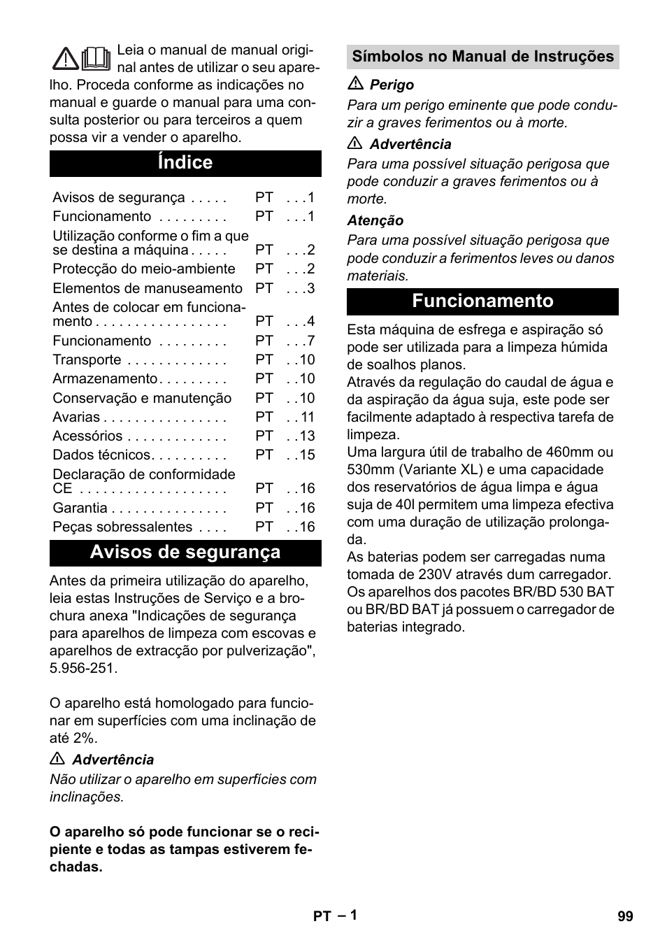 Português, Índice, Avisos de segurança | Funcionamento | Karcher BD 530 Bp User Manual | Page 99 / 384