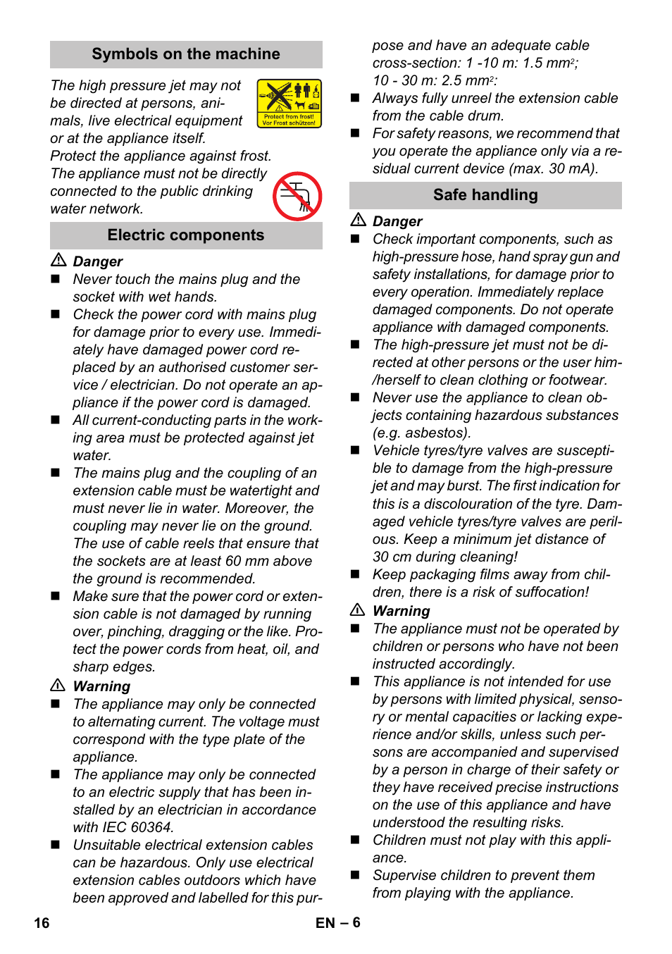 Symbols on the machine, Electric components, Safe handling | Karcher K 7 Premium Car User Manual | Page 16 / 52