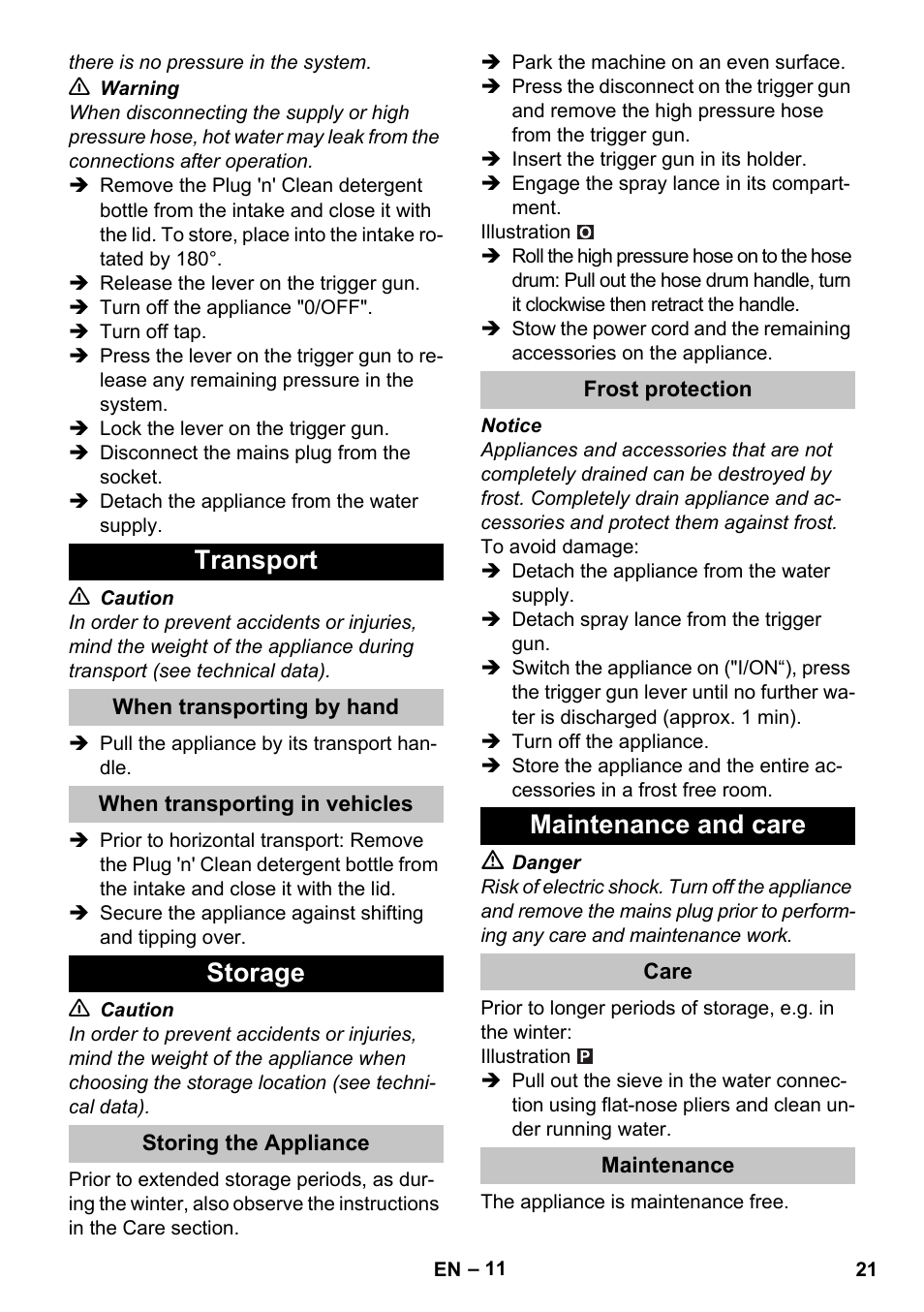 Transport, When transporting by hand, When transporting in vehicles | Storage, Storing the appliance, Frost protection, Maintenance and care, Care, Maintenance | Karcher K 7 Premium Car User Manual | Page 21 / 52