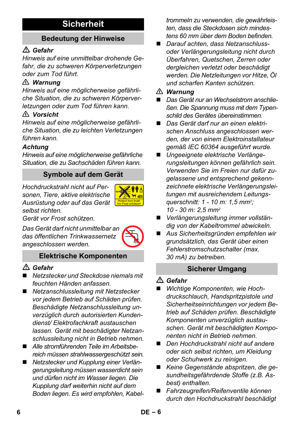 Sicherheit, Bedeutung der hinweise, Symbole auf dem gerät | Elektrische komponenten, Sicherer umgang | Karcher K 7 Premium Car User Manual | Page 6 / 52