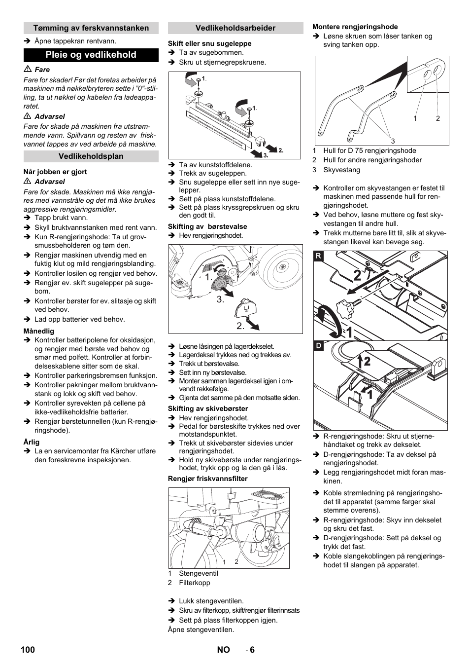 Pleie og vedlikehold | Karcher B 80 W Bp Pack User Manual | Page 100 / 260