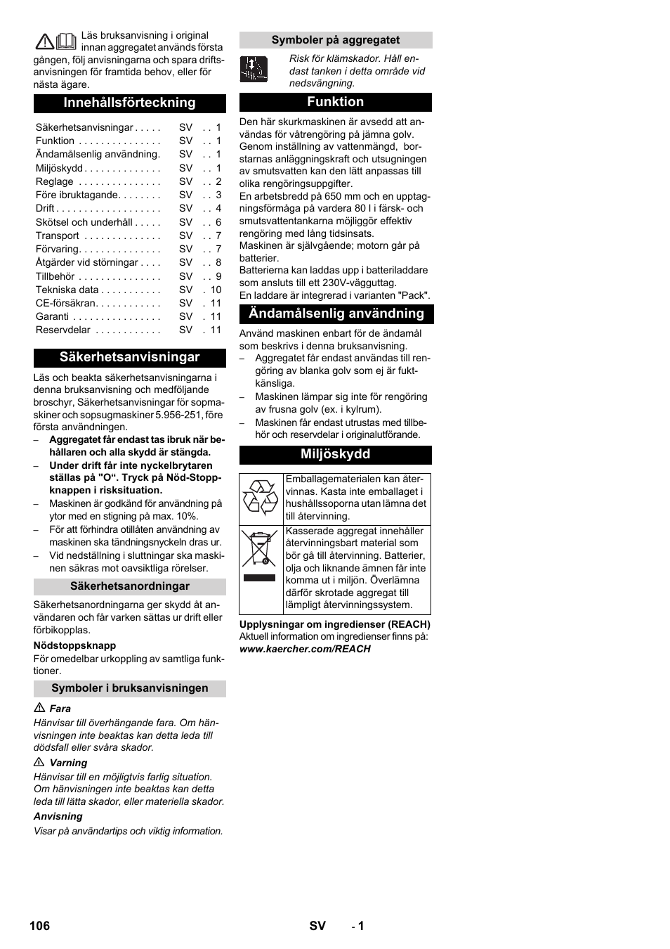 Svenska, Innehållsförteckning, Säkerhetsanvisningar | Funktion ändamålsenlig användning miljöskydd | Karcher B 80 W Bp Pack User Manual | Page 106 / 260